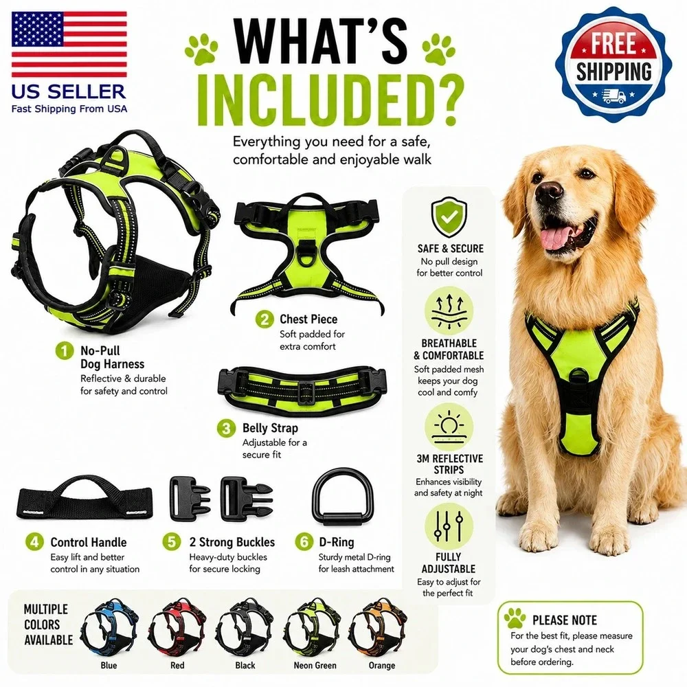 rabbitgoo Dog Harness Medium Blue No Pull Reflective Adjustable NEW